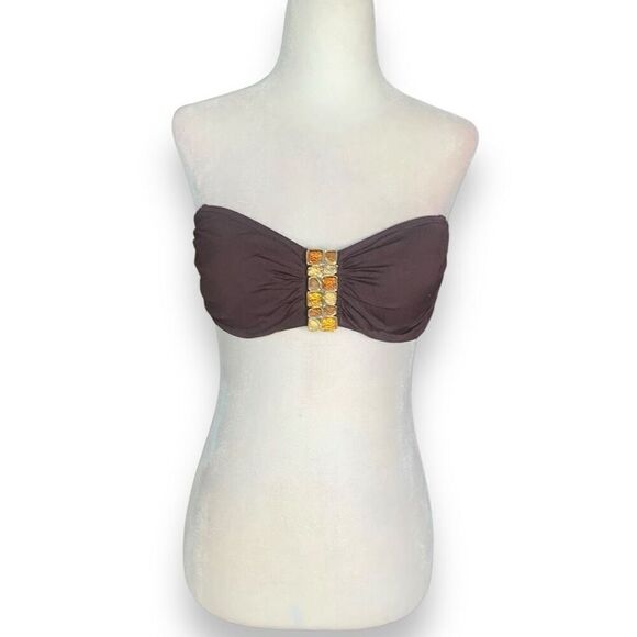 Vintage LaBlanca Bandeau Bikini Swim Top Brown Jewel Detail Summer Essential - Picture 6 of 12